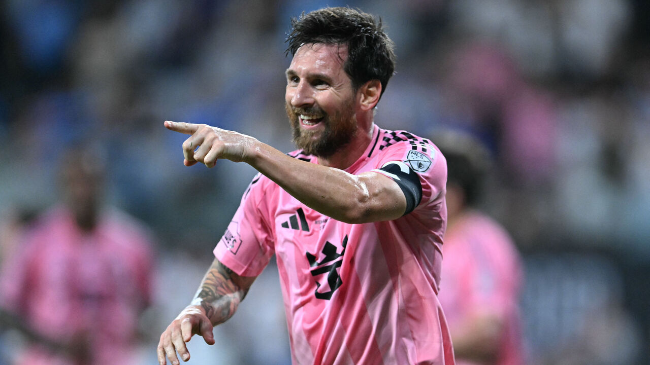 Inter Miami's Argentine forward #10 Lionel Messi celebrates scoring his team's first goal, his 100th for the club, during the Campeones Cup final football match between Inter Miami CF and Mexico's Cruz Azul at Nu Stadium in Miami, Florida, on September 16, 2026.
