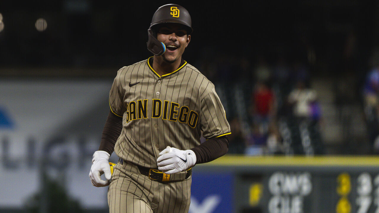 DENVER, CO - SEPTEMBER 16: Ethan Salas #8 of the San Diego Padres celebrates after hitting his second career home run in the fifth inning during the game against the Colorado Rockies at Coors Field on September 16, 2026 in Denver, Colorado.