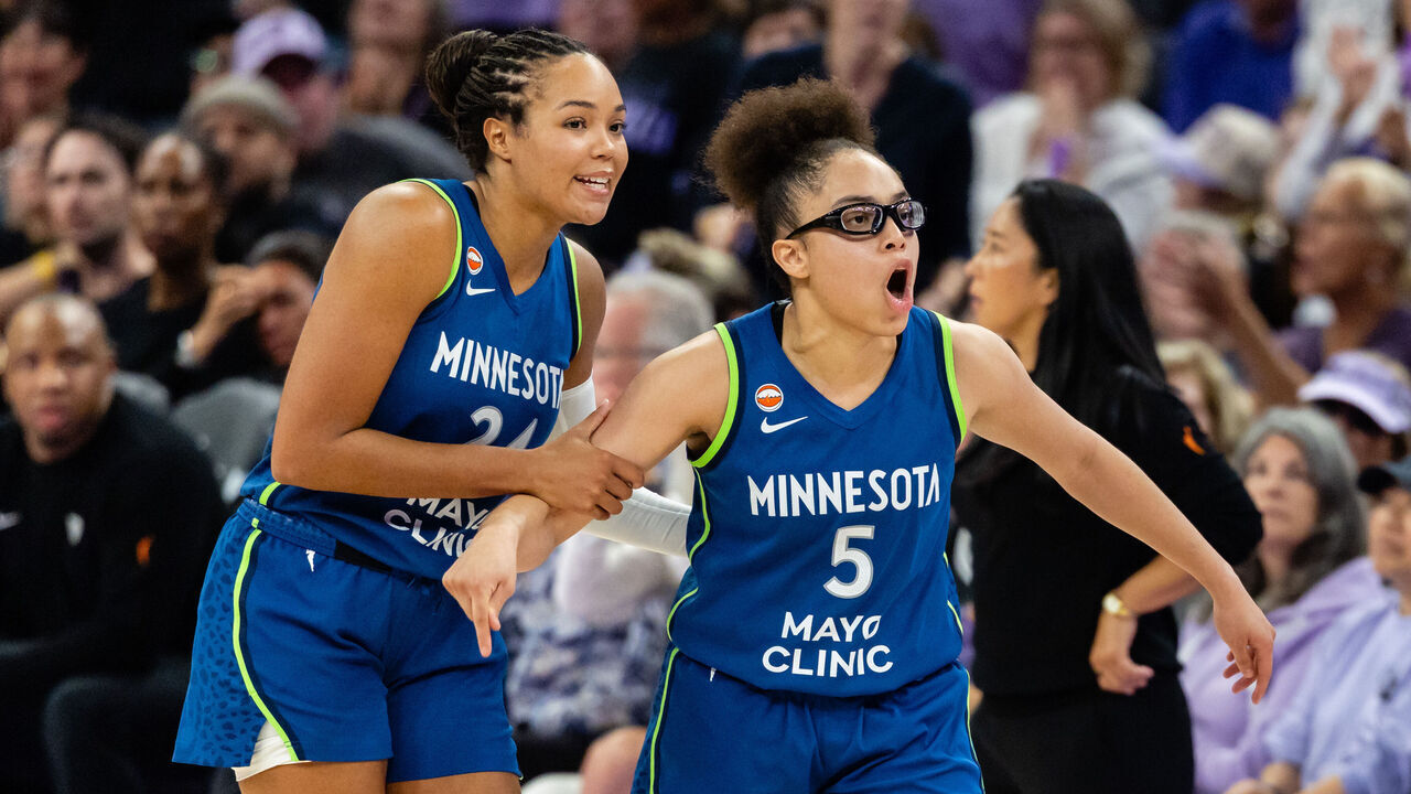 SAN FRANCISCO, CA - AUGUST 19: Olivia Miles #5 of the Minnesota Lynx reacts to a foul call next to Napheesa Collier #24 during WNBA game against the Golden State Valkyries on August 19, 2026 at Chase Center in San Francisco, CA.