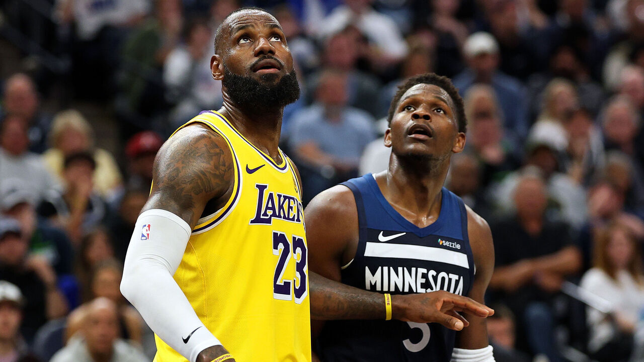 MINNEAPOLIS, MINNESOTA - APRIL 25: LeBron James #23 of the Los Angeles Lakers competes against Anthony Edwards #5 of the Minnesota Timberwolves in the third quarter of Game Three of the First Round of the 2025 NBA Playoffs at Target Center on April 25, 2025 in Minneapolis, Minnesota. The Timberwolves defeated the Lakers 116-104 to take a 2-1 series lead.