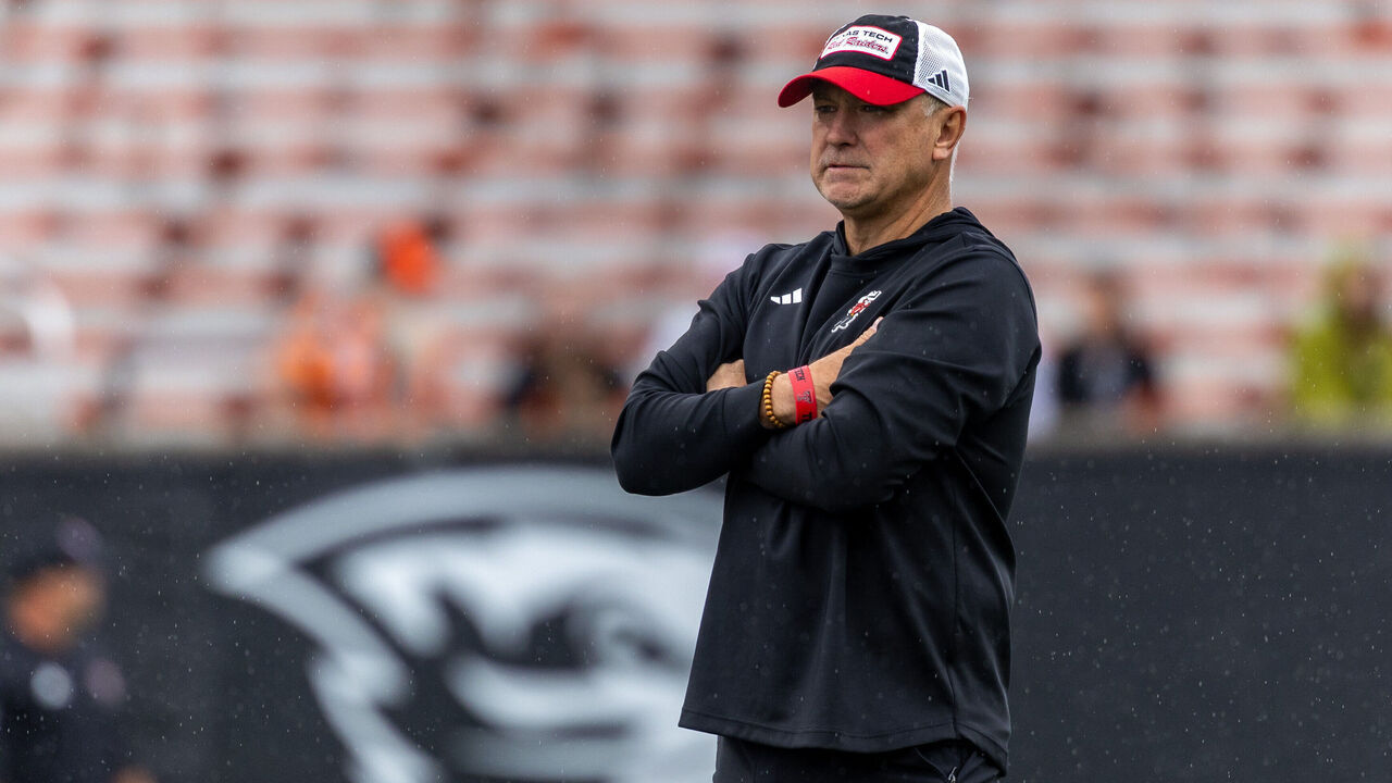 CORVALLIS, OREGON - SEPTEMBER 12: Joey McGuire of the Texas Tech Red Raiders looks on before their game against the Oregon State Beavers at Reser Stadium on September 12, 2026 in Corvallis, Oregon.