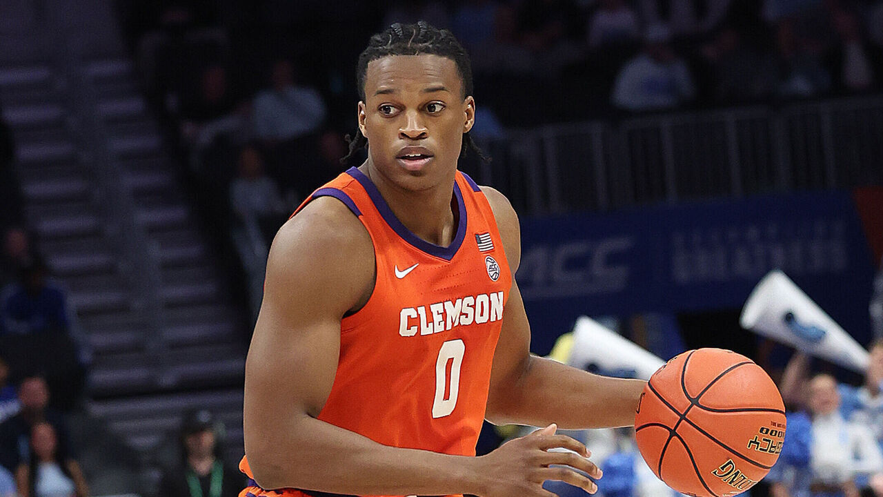 CHARLOTTE, NC - MARCH 12: Clemson Tigers forward RJ Godfrey (0) during the ACC Men's basketball tournament between the Clemson Tigers and the North Carolina Tar Heels on March 12, 2026 at the Spectrum Center in Charlotte, N.C.