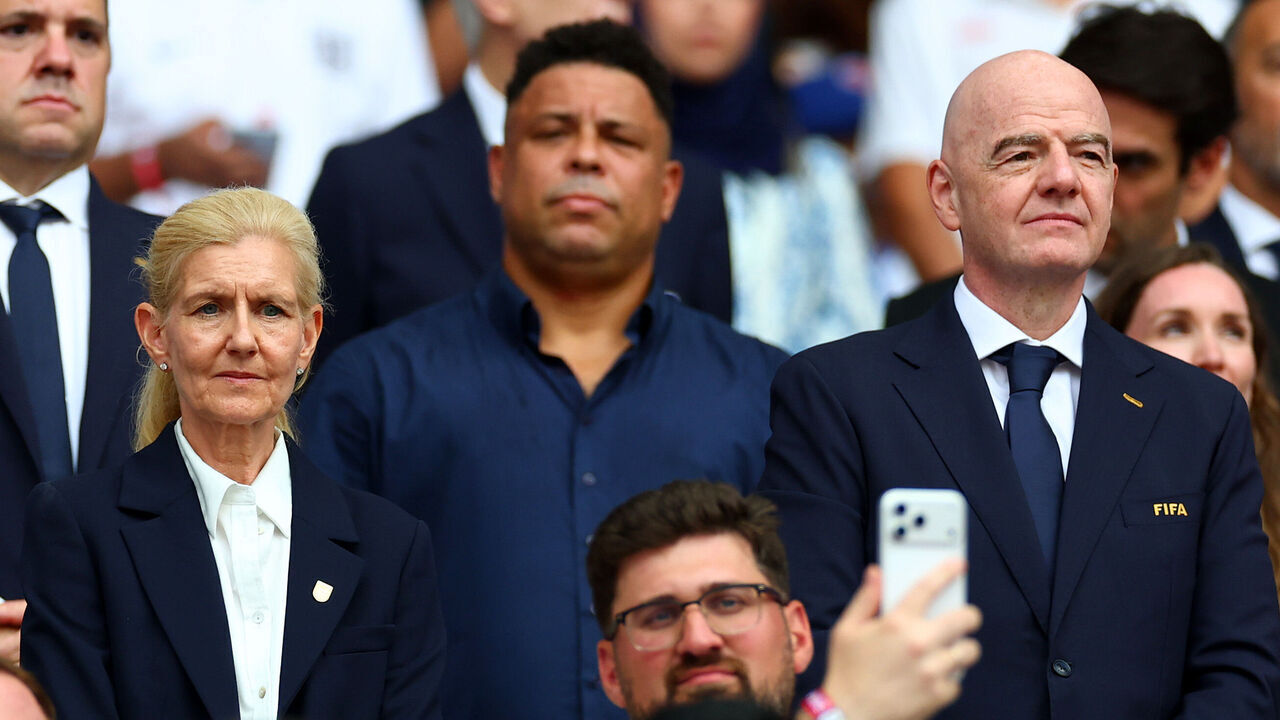 MIAMI GARDENS, FLORIDA - JULY 11: FA chairwoman Debbie Hewitt (L) looks on next to FIFA President Gianni Infantino ahead of the FIFA World Cup 2026 Quarter Final match between Norway and England at Miami Stadium on July 11, 2026 in Miami Gardens, Florida.