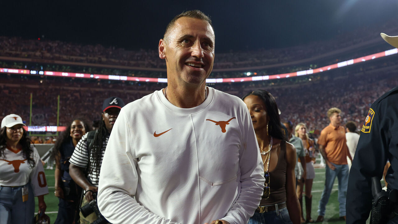 AUSTIN, TX - SEPTEMBER 12: Head coach Steve Sarkisian of the Texas Longhorns smiles as he exits the field after winning the college football game the Texas Longhorns and the Ohio State Buckeyes on September 12, 2026, at Darrell K Royal-Texas Memorial Stadium in Austin, TX.