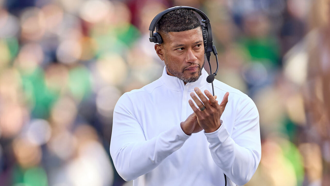 SOUTH BEND, IN - SEPTEMBER 07: Notre Dame Fighting Irish head coach Marcus Freeman reacts after a play in action during a game between the Northern Illinois Huskies the Notre Dame Fighting Irish on September 7, 2024, at Notre dame Stadium in South Bend, IN.