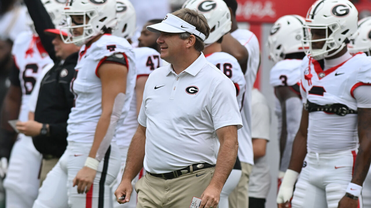 ATHENS, GA - SEPTEMBER 12: Head coach Kirby Smart of the Georgia Bulldogs looks on prior to the college football game between the Western Kentucky Hilltoppers and the Georgia Bulldogs on September 12, 2026, at Sanford Stadium in Athens, GA.