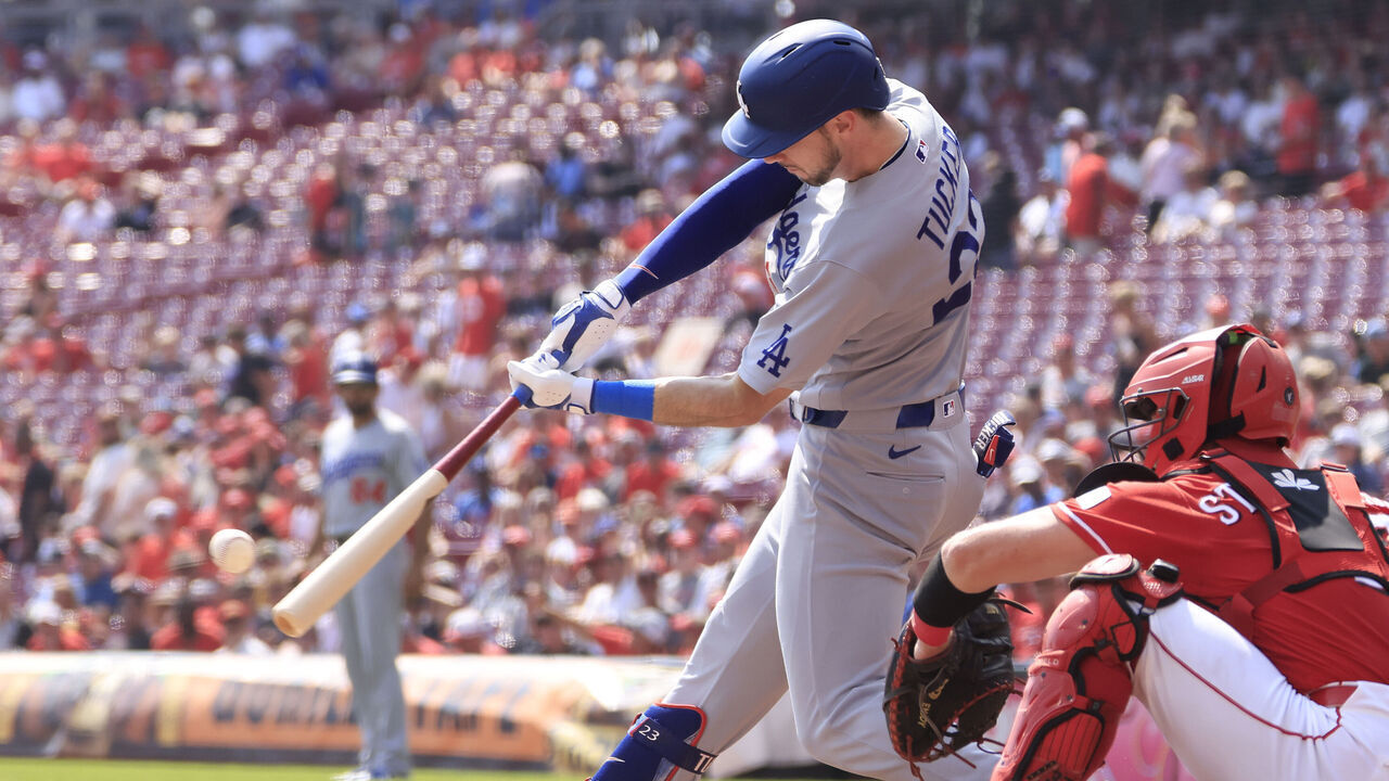 CINCINNATI, OHIO - SEPTEMBER 17: Kyle Tucker #23 of the Los Angeles Dodgers hits a home run during the first inning against the Cincinnati Reds at Great American Ball Park on September 17, 2026 in Cincinnati, Ohio.