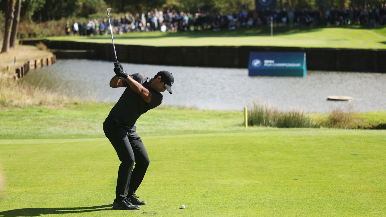 VIRGINIA WATER, ENGLAND - SEPTEMBER 17: Aaron Rai of England plays his second shot on the eighth hole on day one of the BMW PGA Championship at Wentworth Golf Club on September 17, 2026 in Virginia Water, England.