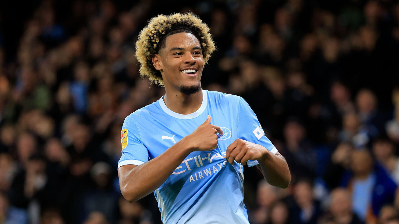 MANCHESTER, ENGLAND - SEPTEMBER 17: Floyd Samba of Manchester City celebrates 4th goal during the Carabao Cup Third Round match between Manchester City and Norwich City at Etihad Stadium on September 17, 2026 in Manchester, England.