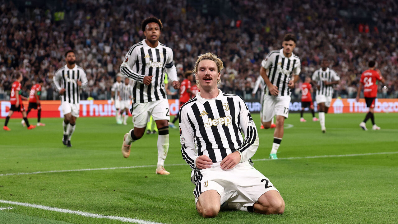 Turin, Italy - September 17: Nick Woltemade of Juventus Fc celebrates after scoring his team's third goal during the UEFA Europa League 2026/27 League Phase match between Juventus and N.E.C. Nijmegen at Juventus Stadium on September 17, 2026 in Turin, Italy.