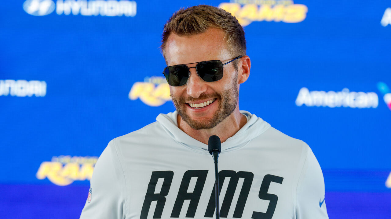 Woodland Hills , CA - August 31: LA Rams head coach Sean McVay smiles during a press confrence after the conclusion of a team practice at the Rams practice facility on Monday, Aug. 31, 2026 in Woodland Hills , CA.