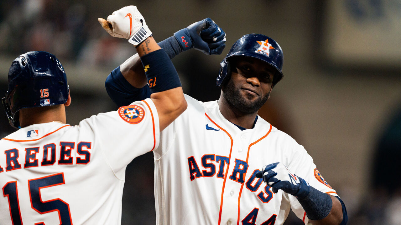 HOUSTON, TEXAS - SEPTEMBER 17: Yordan Alvarez #44 of the Houston Astros celebrates with Isaac Paredes #15 after hitting a solo home run in the fifth inning during a game against the Kansas City Royals at Daikin Park on September 17, 2026 in Houston, Texas.
