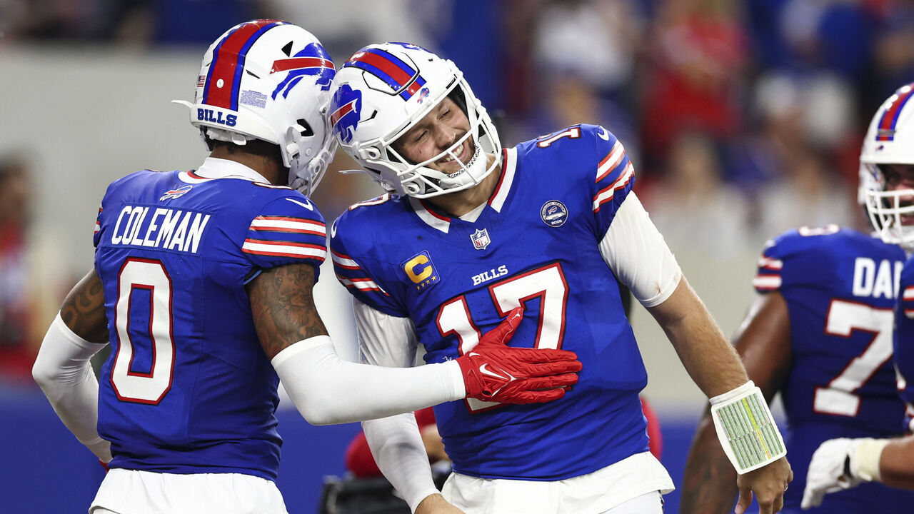 ORCHARD PARK, NEW YORK - SEPTEMBER 17: Josh Allen #17 and Keon Coleman #0 of the Buffalo Bills celebrate a touchdown during the second quarter against the Detroit Lions at Highmark Stadium on September 17, 2026 in Orchard Park, New York.