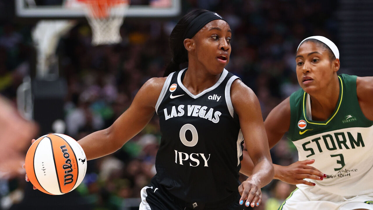 SEATTLE, WA - SEPTEMBER 17 : Jackie Young #0 of the Las Vegas Aces dribbles the ball during the game against the Seattle Storm on September 17, 2026 at Climate Pledge Arena in Seattle, Washington. Mandatory Copyright Notice: Copyright 2026 NBAE