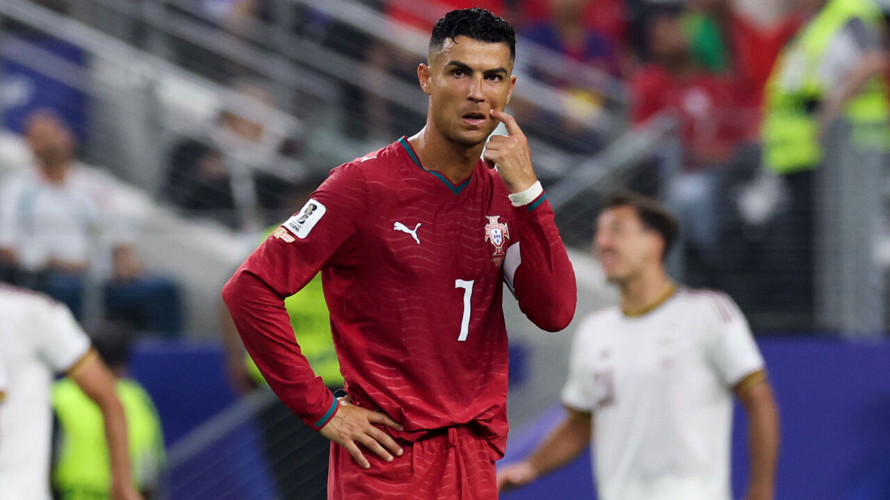 ARLINGTON, TEXAS - JULY 06: Cristiano Ronaldo #7 of Portugal reacts after Spain player Mikel Merino's goal during the FIFA World Cup 2026 Round Of 16 match between Portugal and Spain at Dallas Stadium on July 06, 2026 in Arlington, Texas.