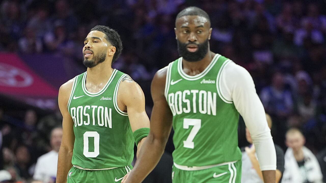 PHILADELPHIA, PENNSYLVANIA - APRIL 24: Jayson Tatum #0 and Jaylen Brown #7 of the Boston Celtics look on against the Philadelphia 76ers during game three of the Eastern Conference first round playoffs at Xfinity Mobile Arena on April 24, 2026 in Philadelphia, Pennsylvania. The Celtics defeated the 76ers 108-100.