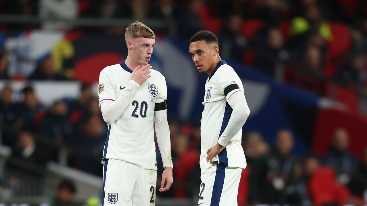 LONDON, ENGLAND - OCTOBER 10: England's Cole Palmer and Trent Alexander-Arnold plan a free-kick during the UEFA Nations League 2024/25 League B Group B2 match between England and Greece at on October 10, 2024 in London, England.