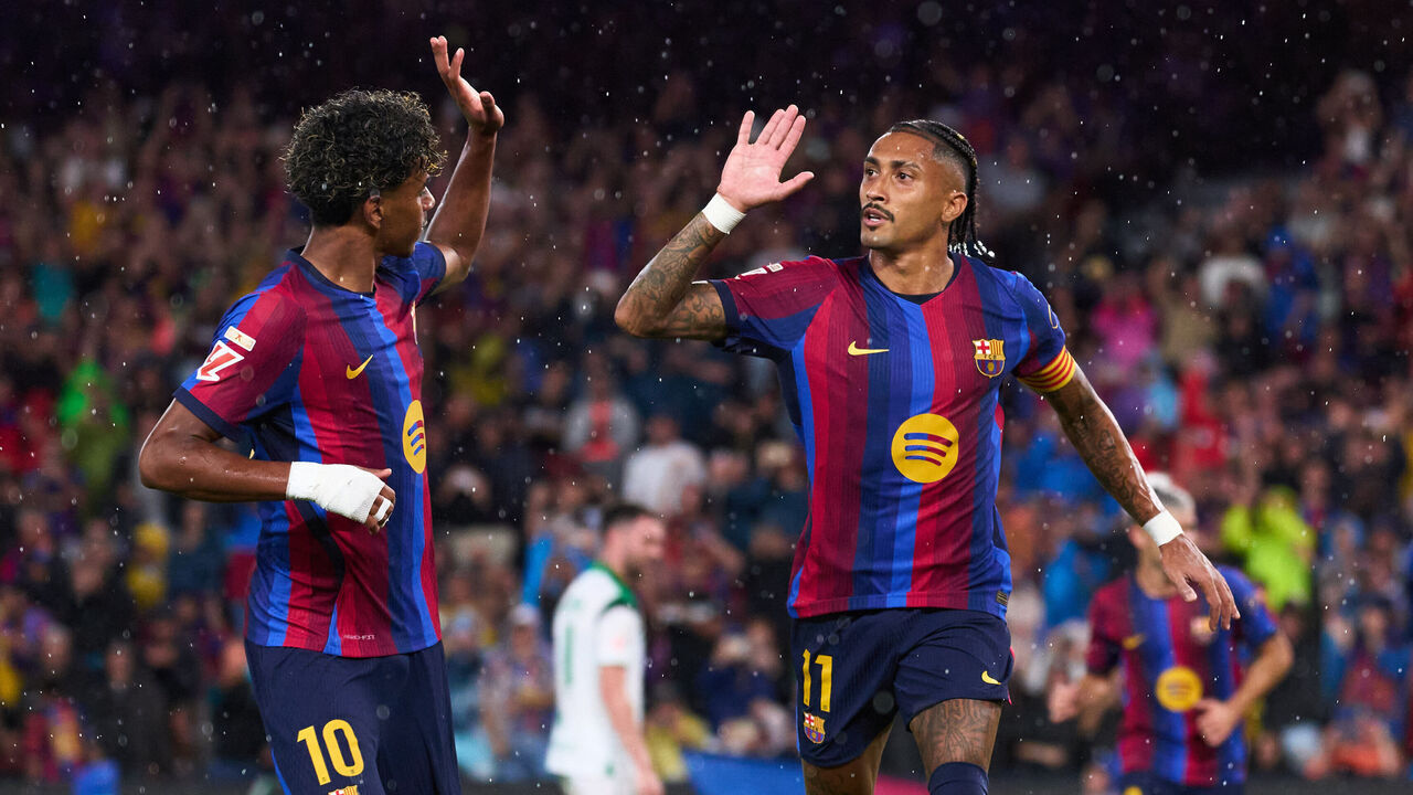 BARCELONA, SPAIN - SEPTEMBER 16: Raphinha of FC Barcelona celebrates scoring his team's second goal with his teammate Lamine Yamal during the LaLiga EA Sports 2026/27 match between FC Barcelona and Real Racing Club de Santander at Spotify Camp Nou on September 16, 2026 in Barcelona, Spain.