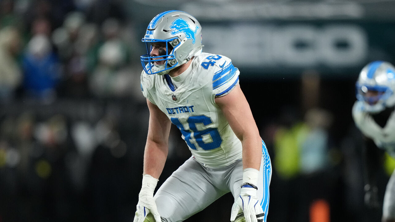 PHILADELPHIA, PA - NOVEMBER 16: Detroit Lions linebacker Jack Campbell (46) in action in the second half during the game between the Detroit Lions and Philadelphia Eagles on November 16, 2025 at Lincoln Financial Field in Philadelphia, PA.