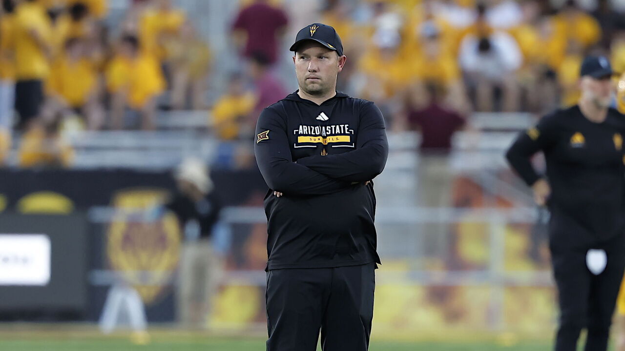 TEMPE, AZ - SEPTEMBER 05: Arizona State Sun Devils Head Coach Kenny Dillingham looks on before the college football game between the Morgan State Bears and the Arizona State Sun Devils on September 5, 2026 at Mountain America Stadium in Tempe, Arizona.
