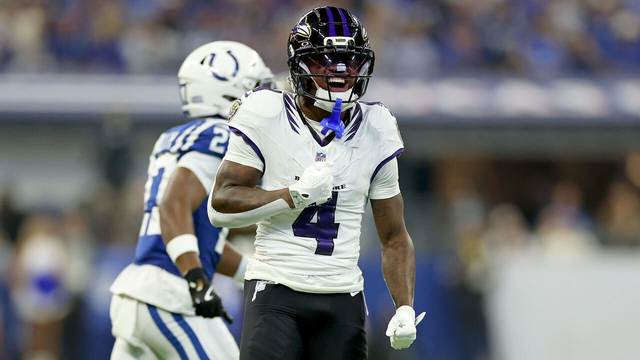 INDIANAPOLIS, INDIANA - SEPTEMBER 13: Zay Flowers #4 of the Baltimore Ravens celebrates after an pass reception against the Indianapolis Colts during the second quarter of the game at Lucas Oil Stadium on September 13, 2026 in Indianapolis, Indiana.
