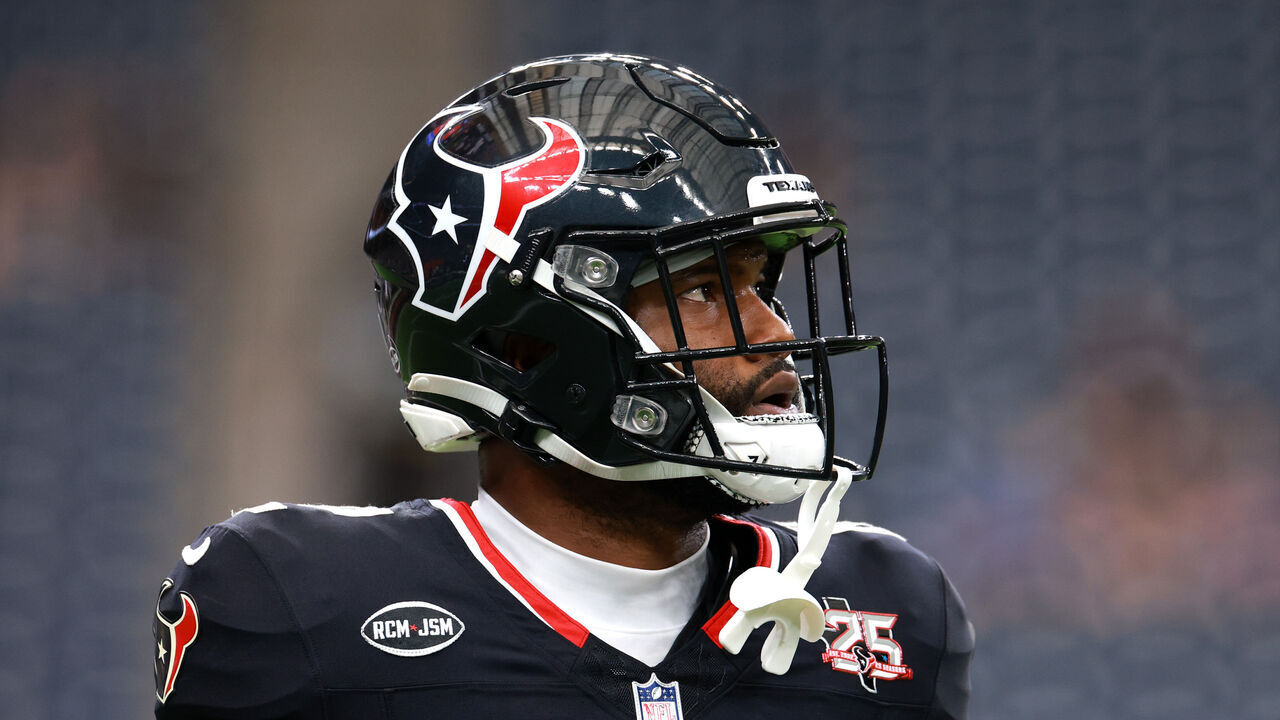 HOUSTON, TEXAS - AUGUST 20: Nico Collins #12 of the Houston Texans looks on during pregame prior to the first quarter of the game against the Las Vegas Raiders at NRG Stadium on August 20, 2026 in Houston, Texas.