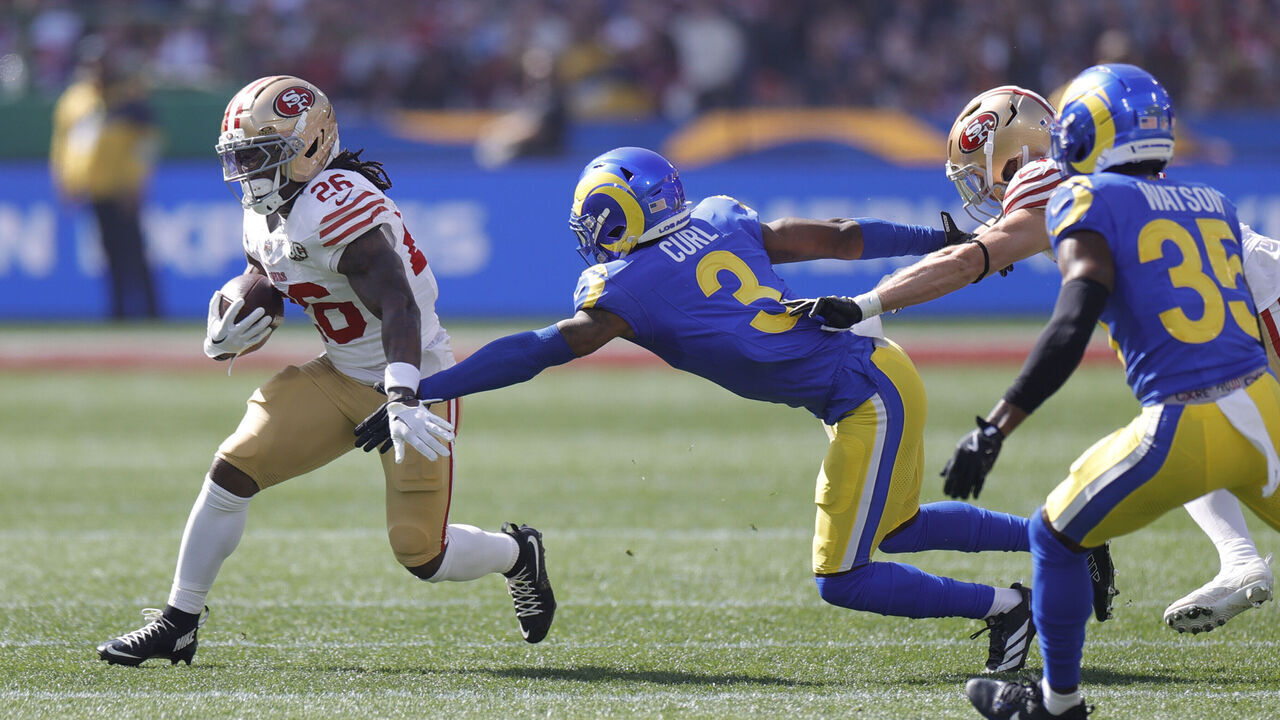 MELBOURNE, AUSTRALIA - SEPTEMBER 11: Kaelon Black #26 of the San Francisco 49ers rushes during the game against the Los Angeles Rams at the Melbourne Cricket Ground on September 11, 2026 in Melbourne, Australia. The 49ers defeated the Rams 27-7.