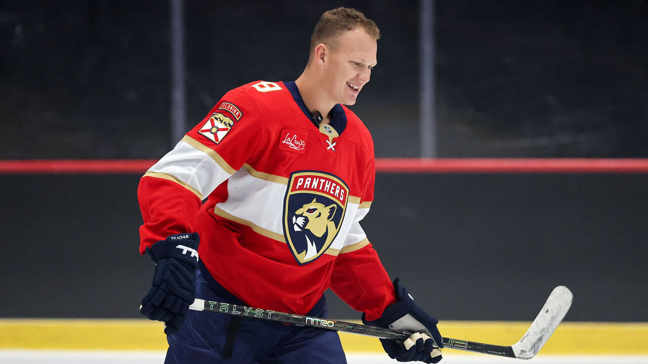 LAS VEGAS, NEVADA - SEPTEMBER 08: Brady Tkachuk #8 of the Florida Panthers is recorded by TNT during the NHL/NHLPA North American Player Media Tour at City National Arena on September 08, 2026 in Las Vegas, Nevada.