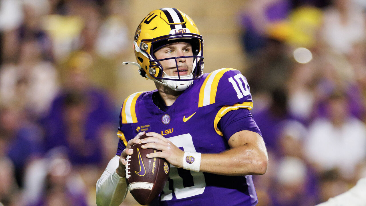 BATON ROUGE, LOUISIANA - SEPTEMBER 12: Sam Leavitt #10 of the Louisiana State Tigers looks to throw a pass during the second quarter of a game against the Louisiana Tech Bulldogs at Tiger Stadium on September 12, 2026 in Baton Rouge, Louisiana.