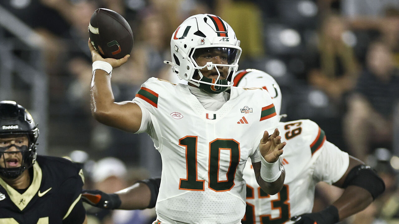 WINSTON-SALEM, NORTH CAROLINA - SEPTEMBER 18: Darian Mensah #10 of the Miami Hurricanes drops to pass during the first half of the game against the Wake Forest Demon Deacons at Allegacy Federal Credit Union Stadium on September 18, 2026 in Winston-Salem, North Carolina.