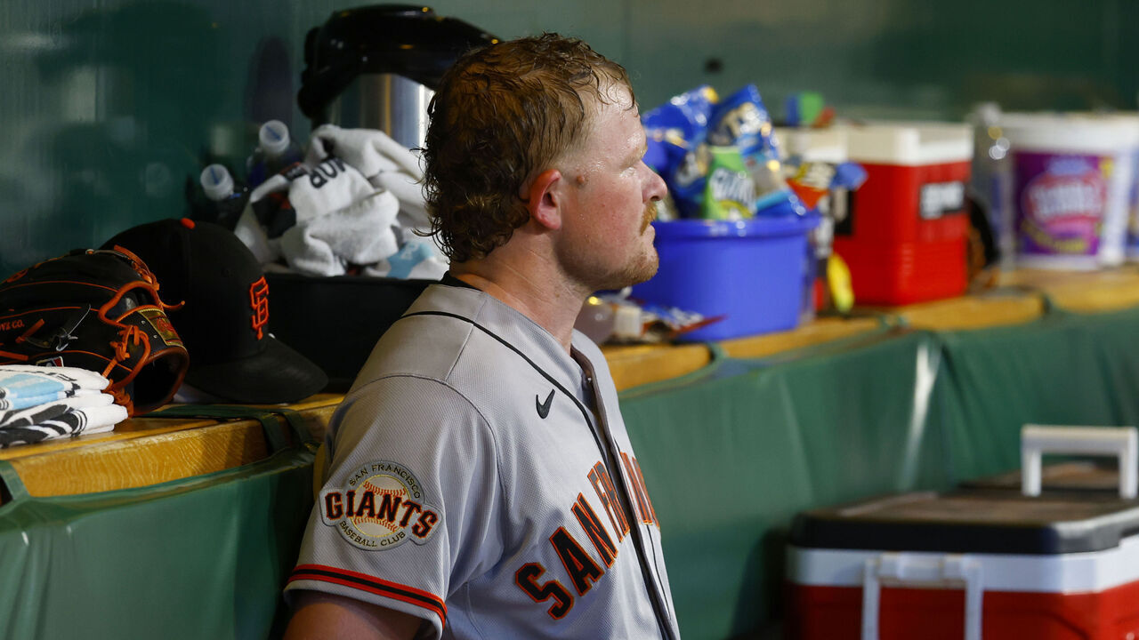 PITTSBURGH, PA - SEPTEMBER 01: Pitcher Logan Webb #62 of the San Francisco Giants look on from the bench after giving up nine earned runs against the Pittsburgh Pirates at PNC Park on September 1, 2026 in Pittsburgh, Pennsylvania.