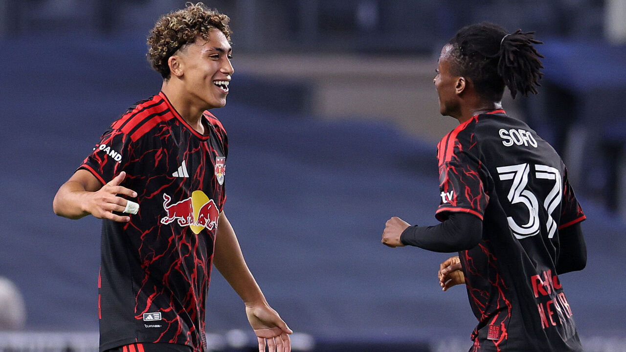 NEW YORK, NEW YORK - SEPTEMBER 18: Julian Hall #16 and Mohammed Sofo #37 of the New York Red Bulls celebrate after his second half goal against New York City Football Club at Yankee Stadium on September 18, 2026 in the Bronx borough of New York City.