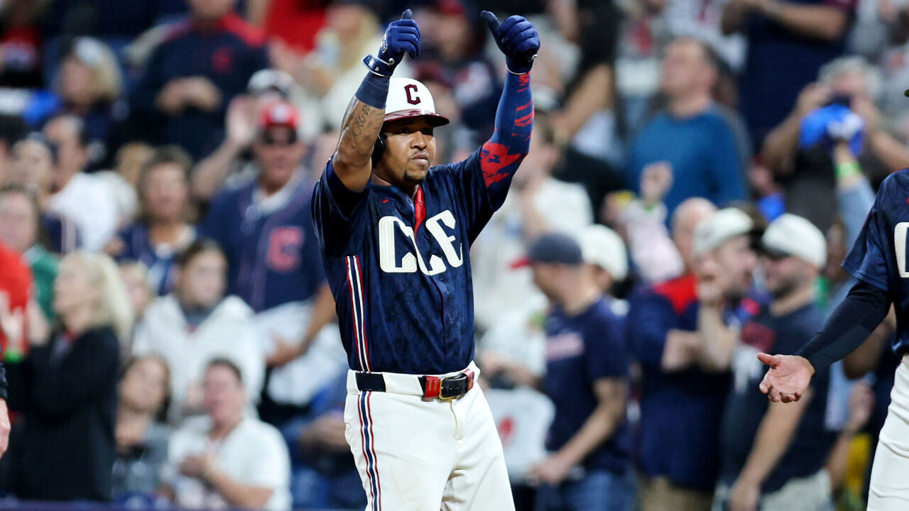 CLEVELAND, OH - SEPTEMBER 18: Cleveland Guardians third baseman Jose Ramirez (11) motions to the dugout after driving in a run during the fourth inning of the Major League Baseball game between the Athletics and Cleveland Guardians on September 18, 2026, at Progressive Field in Cleveland, OH.