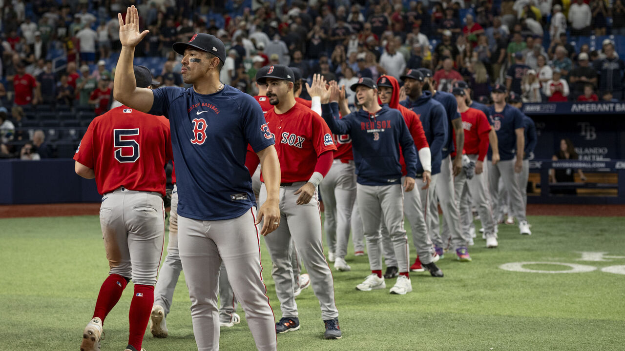 ST PETERSBURG, FLORIDA - SEPTEMBER 18: Jahmai Jones #37 of the Boston Red Sox reacts with teammates after a win against the Tampa Bay Rays on September 18, 2026 at at Tropicana Field in St Petersburg, Florida.