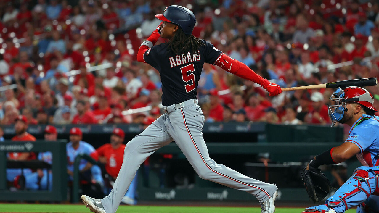 ST LOUIS, MISSOURI - SEPTEMBER 18: CJ Abrams #5 of the Washington Nationals hits an RBI single against the St. Louis Cardinals in the first inning at Busch Stadium on September 18, 2026 in St Louis, Missouri.
