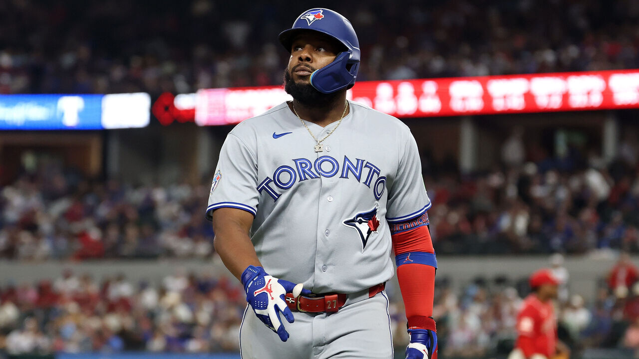 ARLINGTON, TEXAS - SEPTEMBER 18: Vladimir Guerrero Jr. #27 of the Toronto Blue Jays walks to the dugout during the fourth inning against the Texas Rangers at Globe Life Field on September 18, 2026 in Arlington, Texas.
