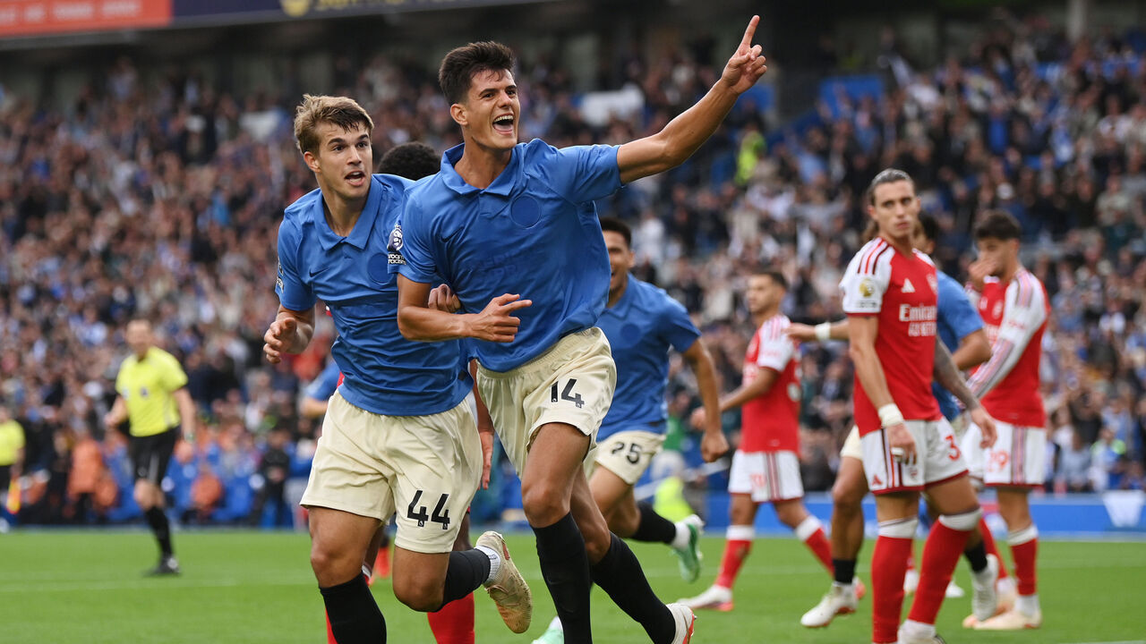 BRIGHTON, ENGLAND - SEPTEMBER 19: Chema Andres of Brighton & Hove Albion celebrates with teammate Luka Vuskovic after scoring his team’s third goal during the Premier League 2026/27 match between Brighton & Hove Albion and Arsenal FC at American Express Stadium on September 19, 2026 in Brighton, England.