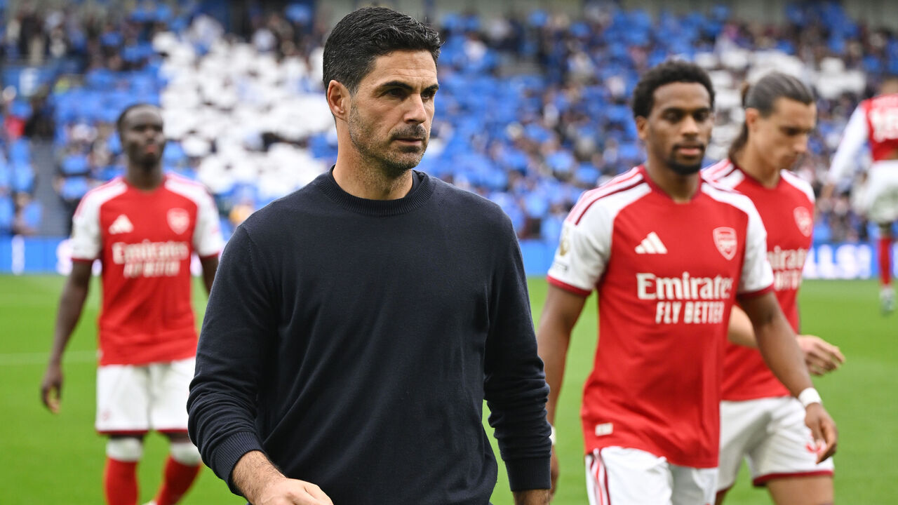 BRIGHTON, ENGLAND - SEPTEMBER 19: Mikel Arteta, Manager of Arsenal, looks on before the Premier League 2026/27 match between Brighton & Hove Albion and Arsenal FC at American Express Stadium on September 19, 2026 in Brighton, England.