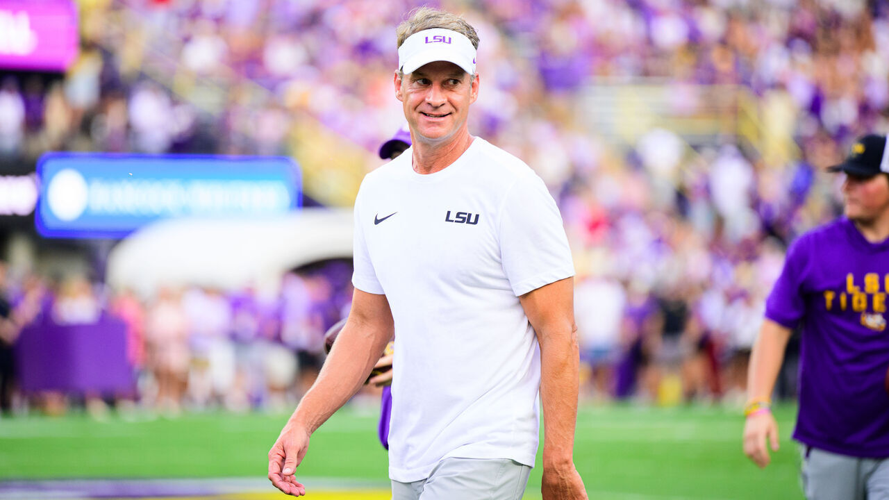 BATON ROUGE, LOUISIANA - SEPTEMBER 12: Head coach Lane Kiffin of the LSU Tigers walks on the field before the game against the Louisiana Tech Bulldogs at Tiger Stadium on September 12, 2026 in Baton Rouge, LA.