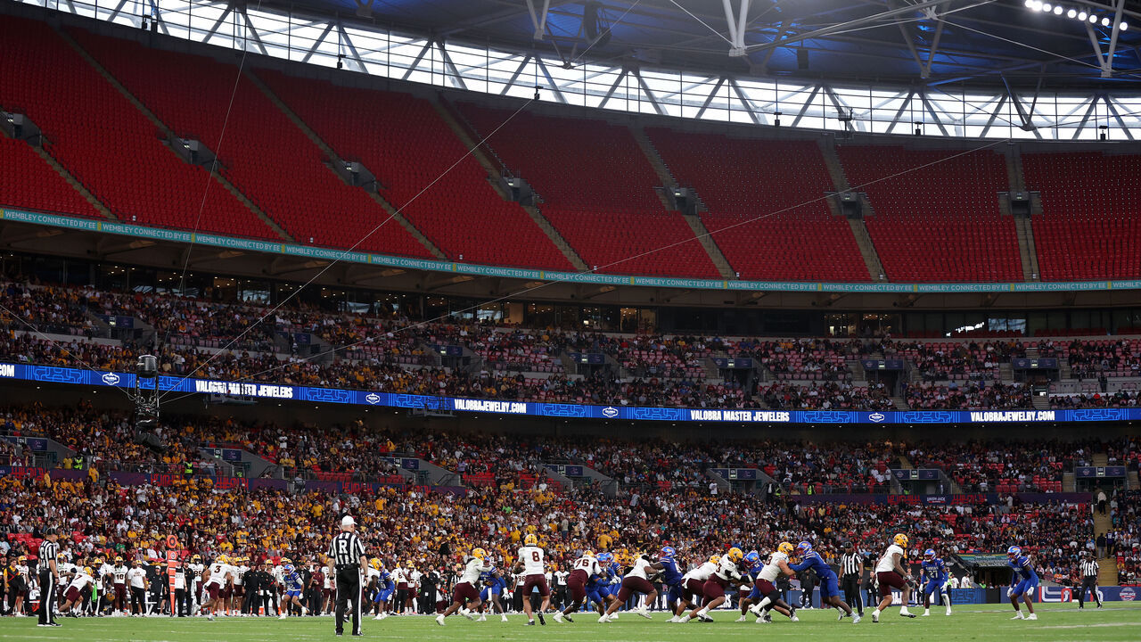 LONDON, ENGLAND - SEPTEMBER 19: General view inside the stadium during the second quarter in the First Annual Union Jack Classic match between Arizona State Sun Devils and Kansas Jayhawks at Wembley Stadium on September 19, 2026 in London, England.