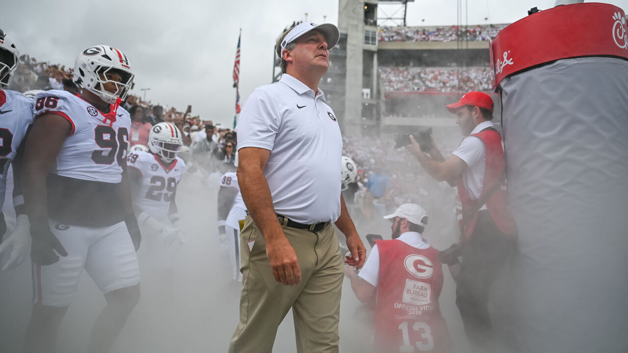 ATHENS, GA - SEPTEMBER 12: Georgia Bulldogs head coach Kirby Smart coming out of the tunnel prior to the college football game between the Western Kentucky Hilltoppers and Georgia Bulldogs on September 12, 2026, at Sanford Stadium in Athens, GA.