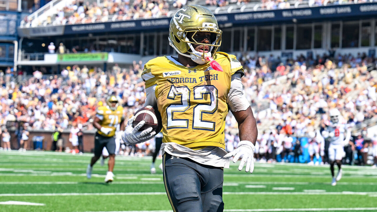 ATLANTA, GA - SEPTEMBER 19: Georgia Tech running back Justice Haynes (22) scores a touchdown during the college football game between the Mercer Bears and the Georgia Tech Yellow Jackets on September 19th, 2026 at Bobby Dodd Stadium in Atlanta, GA.