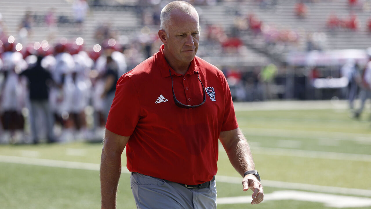 NASHVILLE, TN - SEPTEMBER 19: NC State Wolfpack head coach Dave Doeren walks off the field following pregame warmups before a game between the Vanderbilt Commodores and NC State Wolfpack, September 19, 2026 at FirstBank Stadium in Nashville, Tennessee.