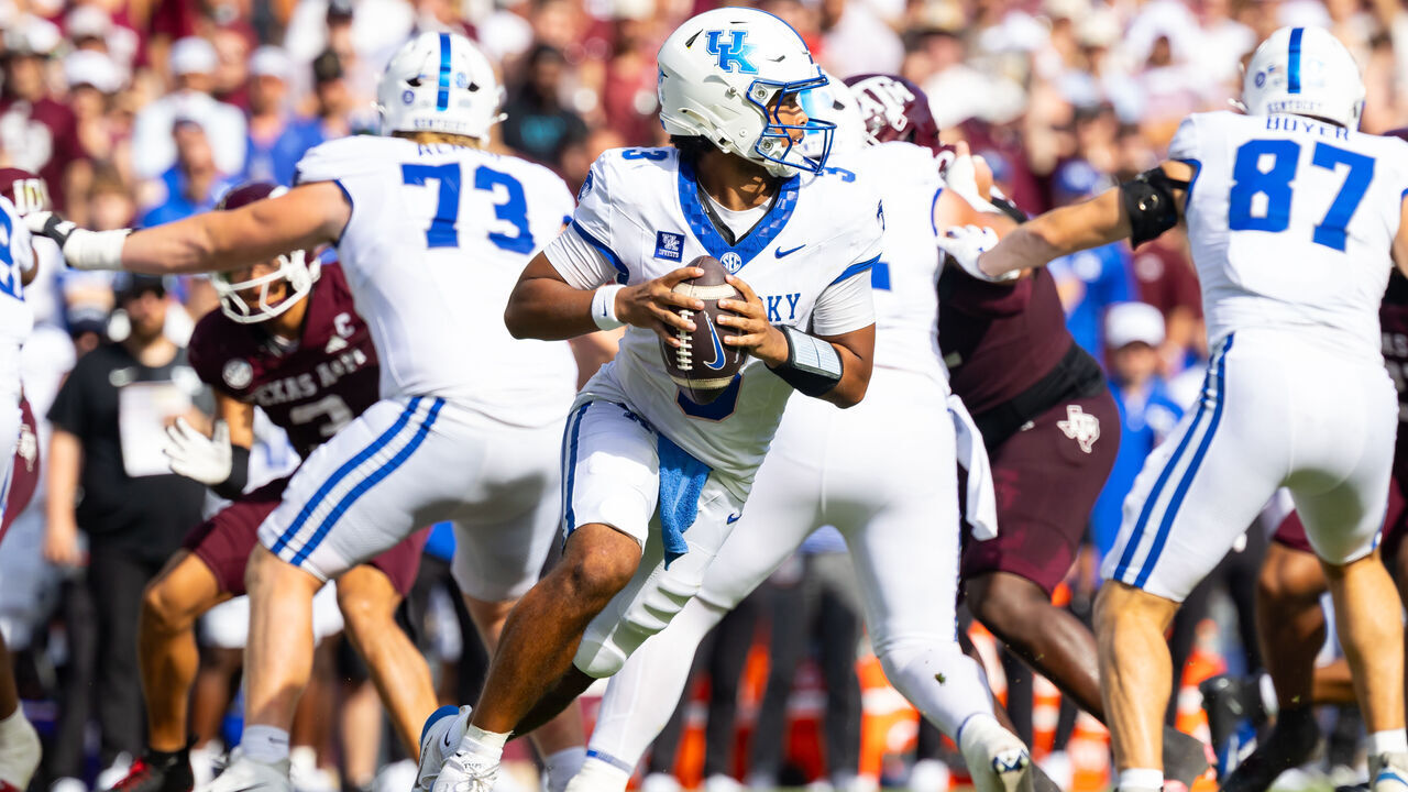 COLLEGE STATION, TEXAS - SEPTEMBER 12: Kenny Minchey #3 of the Kentucky Wildcats attempts a pass during the second half of a game against the Texas A&M Aggies at Kyle Field on September 12, 2026 in College Station, Texas.