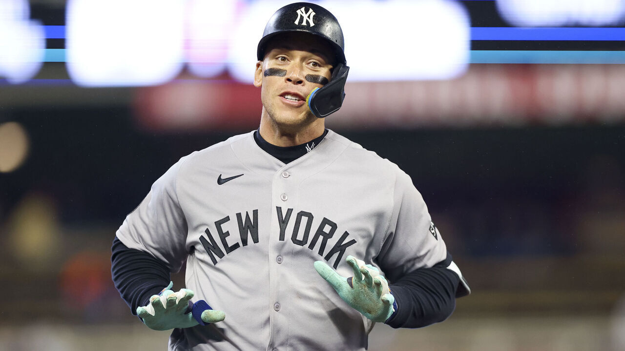 MINNEAPOLIS, MN - SEPTEMBER 14: Aaron Judge #99 of the New York Yankees rounds the bases after hitting a three-run home run in the eighth inning during the game between the New York Yankees and the Minnesota Twins at Target Field on Monday, September 14, 2026 in Minneapolis, Minnesota.