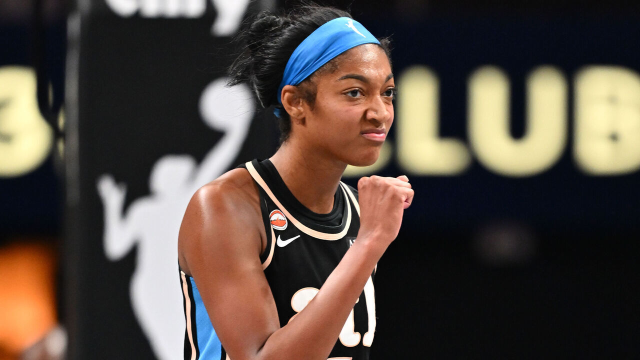ATLANTA, GA - SEPTEMBER 19: Angel Reese #5 of the Atlanta Dream celebrates during the game against the Chicago Sky on September 19, 2026 at State Farm Arena in Atlanta, Georgia. Mandatory Copyright Notice: Copyright 2026 NBAE