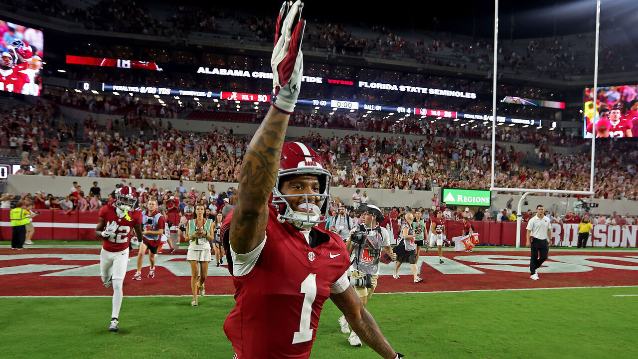 TUSCALOOSA, ALABAMA - SEPTEMBER 19: Ryan Coleman-Williams #1 of the Alabama Crimson Tide celebrates after beating the Florida State Seminoles 50-36 at Bryant-Denny Stadium on September 19, 2026 in Tuscaloosa, Alabama.