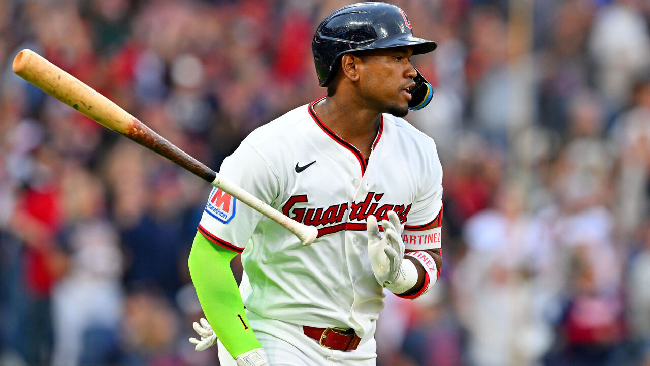 CLEVELAND, OHIO - SEPTEMBER 19: Angel Martínez #1 of the Cleveland Guardians tosses his bat as he rounds the bases on a two-run homer during the first inning against the Athletics at Progressive Field on September 19, 2026, in Cleveland, Ohio.