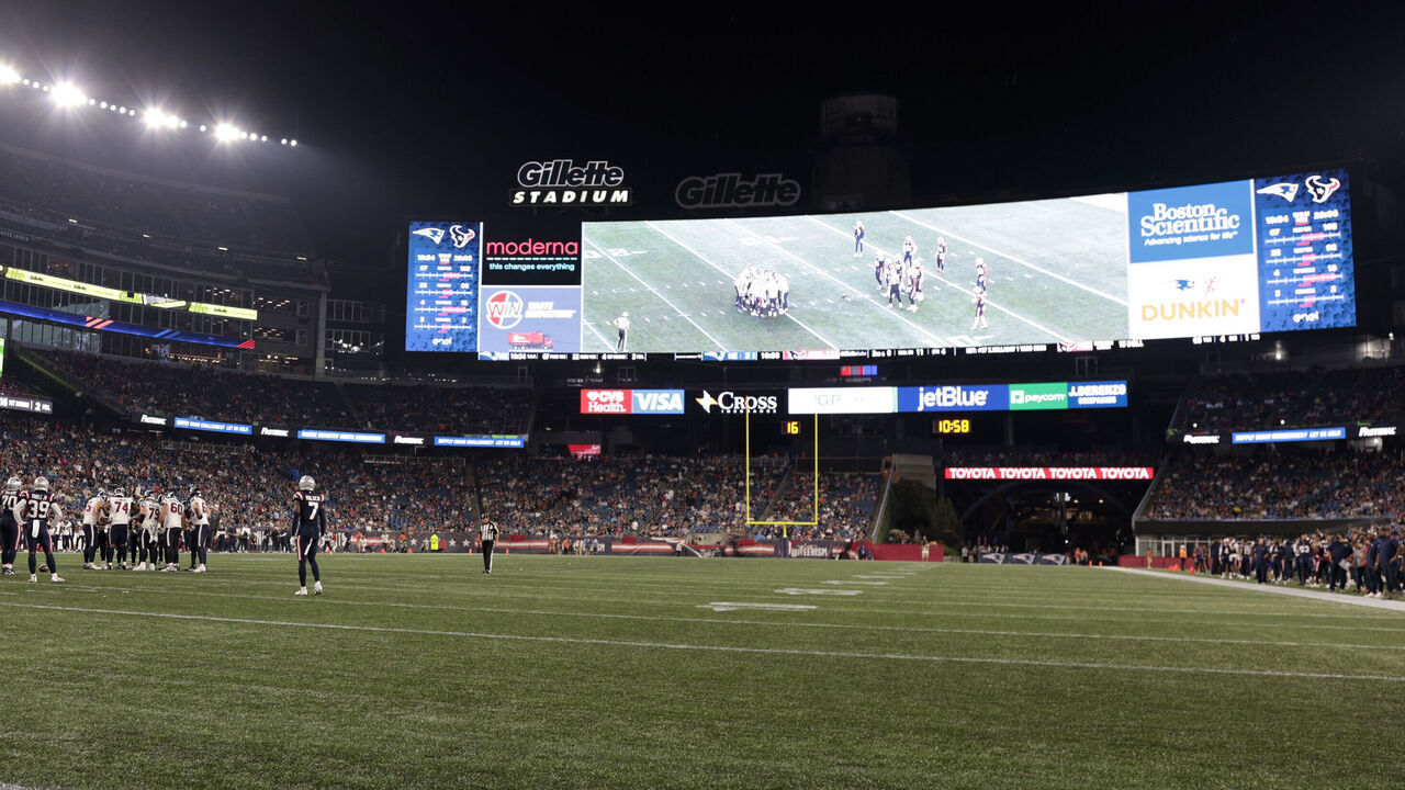 FOXBOROUGH, MA - AUGUST 10: The new giant scoreboard during a preseason game between the New England Patriots and the Houston Texans on August 10, 2023, at Gillette Stadium in Foxborough, Massachusetts.