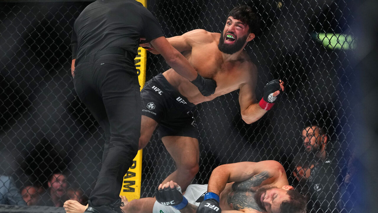 LOS ANGELES, CALIFORNIA - SEPTEMBER 19: Arman Tsarukyan of Georgia reacts after a knockout victory against Mauricio Ruffy of Brazil in a lightweight fight during the UFC 331 event at Crypto.com Arena on September 19, 2026 in Los Angeles, California.